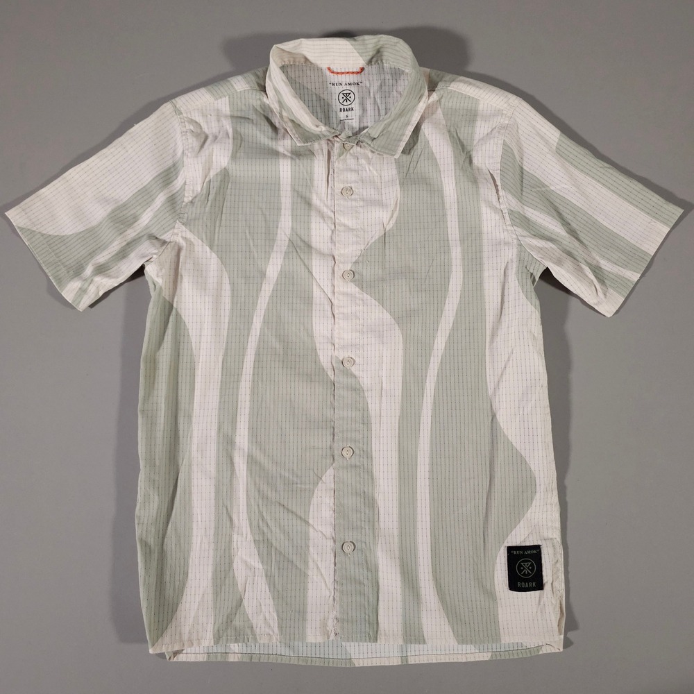 Roark Run Amok Button Down Shirt Mens Small Sage Green Abstract Short Sleeve
